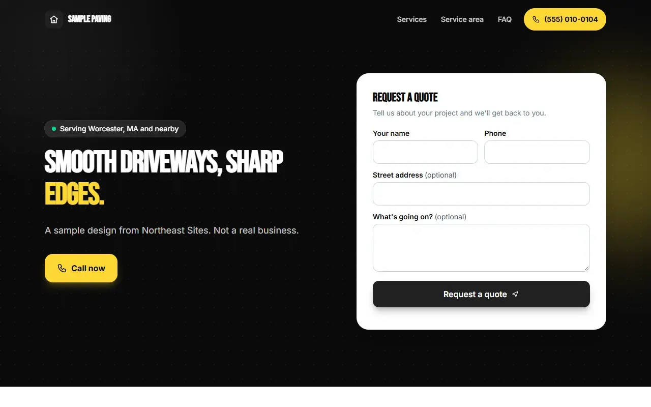 Sample paving website design made with our template. It shows a made-up business, not a real company.